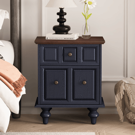 Mesa de cabeceira 52 cm - 2 gavetas, pés estilo coluna romana, madeira maciça - Azul escuro