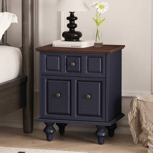 Mesa de cabeceira 52 cm - 2 gavetas, pés estilo coluna romana, madeira maciça - Azul escuro