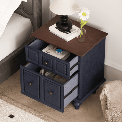 Mesa de cabeceira 52 cm - 2 gavetas, pés estilo coluna romana, madeira maciça - Azul escuro