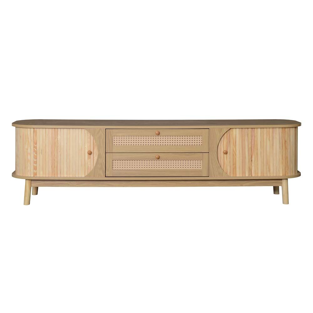 mueble tv  estilo rustico natural con puertas y cajones con laterales de ratan - color natural