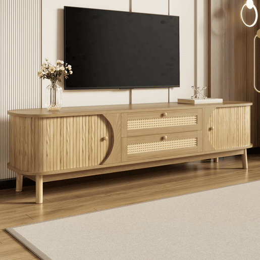 Móvel de TV u2013 Estilo rústico natural com portas e gavetas, com laterais em rattan - Cor natural