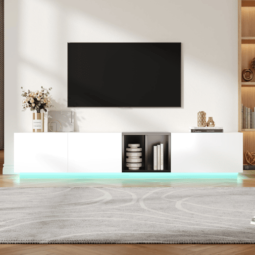 Móvel de TV moderno - Design simples com gavetas e compartimentos abertos - Branco Móvel de TV moderno - Design simples com gavetas e compartimentos abertos - Branco