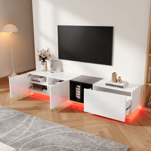 Móvel de TV moderno - Design simples com gavetas e compartimentos abertos - Branco Móvel de TV moderno - Design simples com gavetas e compartimentos abertos - Branco