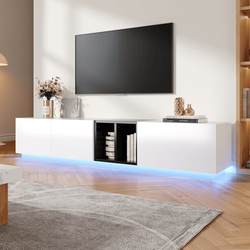 Móvel de TV moderno - Design simples com gavetas e compartimentos abertos - Branco Móvel de TV moderno - Design simples com gavetas e compartimentos abertos - Branco