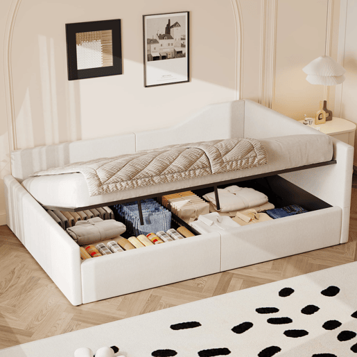 Cama de dia 140x200 - Estofada com arrumação inferior - Bege