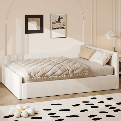 Cama de dia 140x200 - Estofada com arrumação inferior - Bege