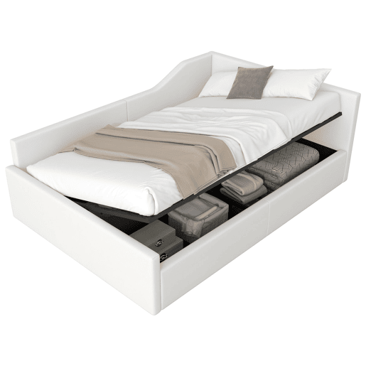 Cama de dia 140x200 - Estofada com arrumação inferior - Bege