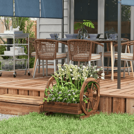 Outsunny Floreira de Madeira para Exterior 3 Níveis com Design em Escada e Rodas Orifícios de Drenagem Horta Urbana para Plantas e Flores Terraço e Jardim 61x62x57 cm Carbonizado