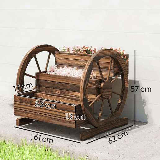 Outsunny Floreira de Madeira para Exterior 3 Níveis com Design em Escada e Rodas Orifícios de Drenagem Horta Urbana para Plantas e Flores Terraço e Jardim 61x62x57 cm Carbonizado