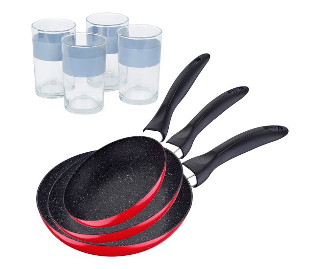 Set de 3 sartenes san ignacio con revestimiento en mármol ø16 cm ø20 cm ø24 cm+juego de 4 vasos de 0,5l