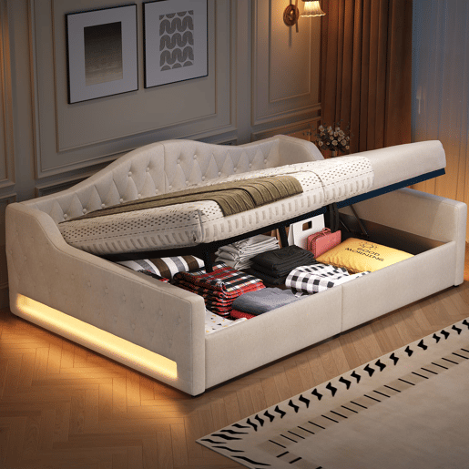 Cama de dia estofada 140x200 - com LED e arrumação - Bege