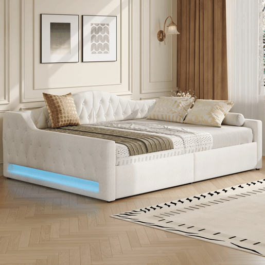 Cama de dia estofada 140x200 - com LED e arrumação - Bege