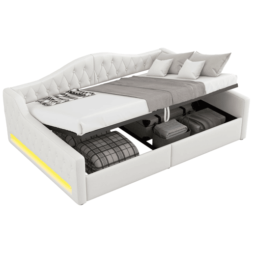 Cama de dia estofada 140x200 - com LED e arrumação - Bege