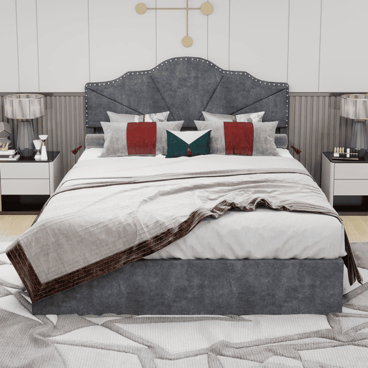 Cama moderna 140x200 cm - Cabeceira acolchoada macia, canapé alto com pistão - Cinza