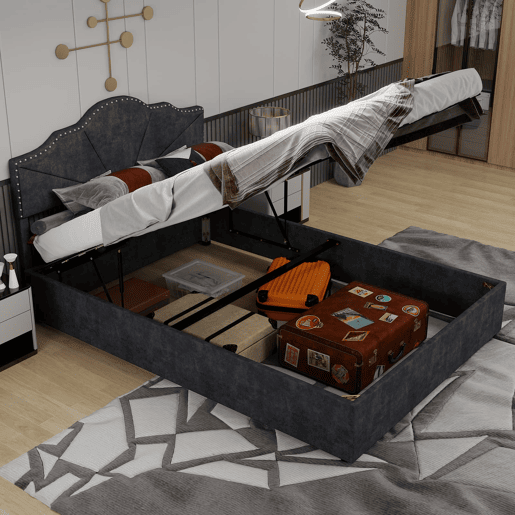 Cama moderna 140x200 cm - Cabeceira acolchoada macia, canapé alto com pistão - Cinza