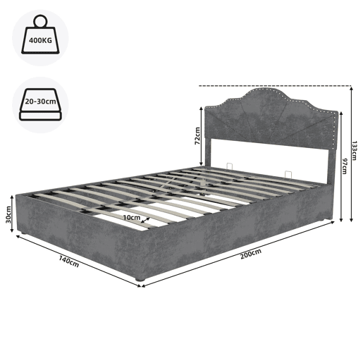Cama moderna 140x200 cm - Cabeceira acolchoada macia, canapé alto com pistão - Cinza
