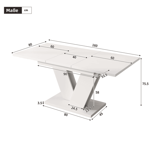 Mesa extensível 120160*80 cm - Mesa retangular com pés em V, estilo simples - Branca