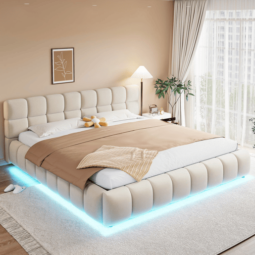 Cama estofada 180x200 - Cabeceira e laterais acolchoadas, armazenamento hidráulico, luz LED - Bege