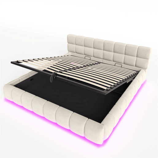 Cama estofada 180x200 - Cabeceira e laterais acolchoadas, armazenamento hidráulico, luz LED - Bege