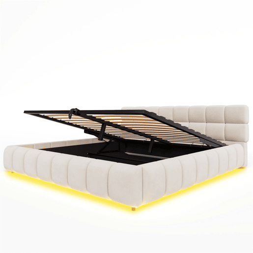 Cama estofada 180x200 - Cabeceira e laterais acolchoadas, armazenamento hidráulico, luz LED - Bege