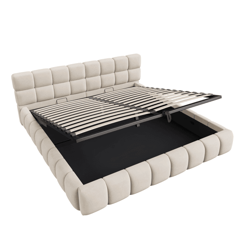 Cama estofada 180x200 - Cabeceira e laterais acolchoadas, armazenamento hidráulico, luz LED - Bege
