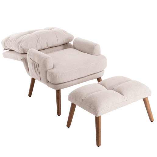 Poltrona lounge com apoio para os pés - encosto com 5 posições, reclinável, com bandeja lateral - Bege