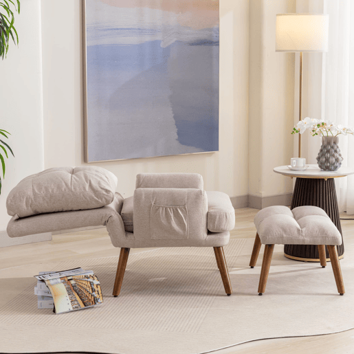 Poltrona lounge com apoio para os pés - encosto com 5 posições, reclinável, com bandeja lateral - Bege