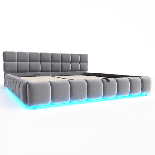 Cama estofada 180x200 cm - com luz LED, cabeceira e armazenamento hidráulico - cinza Cama estofada 180x200 cm - com luz LED, cabeceira e armazenamento hidráulico - cinza