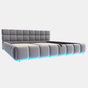 Cama estofada 180x200 cm - com luz LED, cabeceira e armazenamento hidráulico - cinza