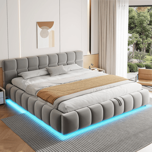 Cama estofada 180x200 cm - com luz LED, cabeceira e armazenamento hidráulico - cinza Cama estofada 180x200 cm - com luz LED, cabeceira e armazenamento hidráulico - cinza