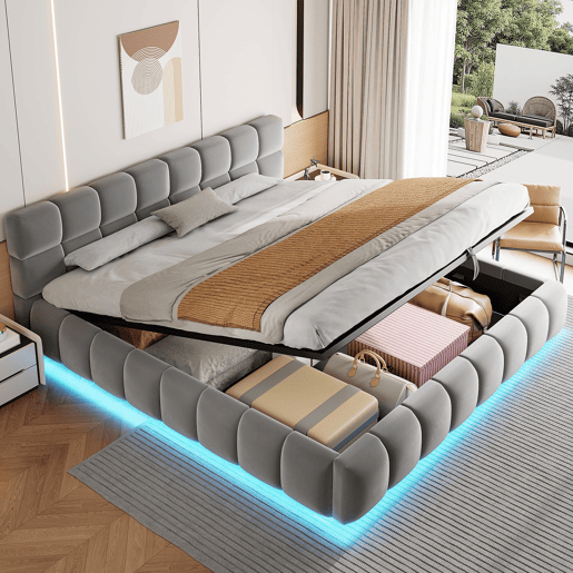 Cama estofada 180x200 cm - com luz LED, cabeceira e armazenamento hidráulico - cinza Cama estofada 180x200 cm - com luz LED, cabeceira e armazenamento hidráulico - cinza