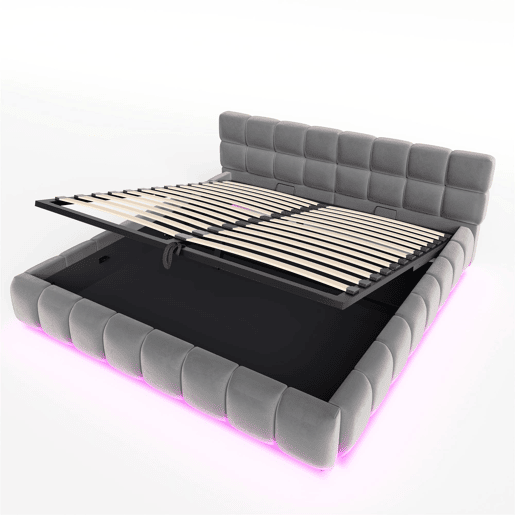 Cama estofada 180x200 cm - com luz LED, cabeceira e armazenamento hidráulico - cinza Cama estofada 180x200 cm - com luz LED, cabeceira e armazenamento hidráulico - cinza