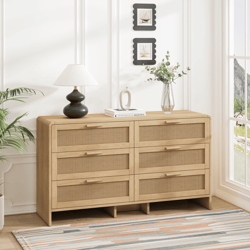 Aparador de canto 130 cm - 6 gavetas em rattan curvado - Natural