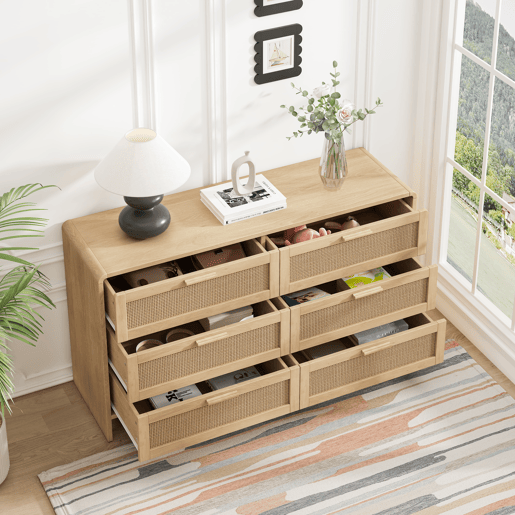 Aparador de canto 130 cm - 6 gavetas em rattan curvado - Natural