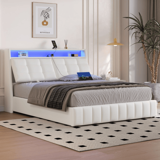 Cama plataforma 160x200 - estofada, LED, USB, arrumação e cabeceiras ajustáveis - Branco