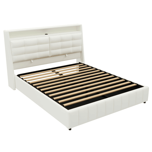 Cama plataforma 160x200 - estofada, LED, USB, arrumação e cabeceiras ajustáveis - Branco