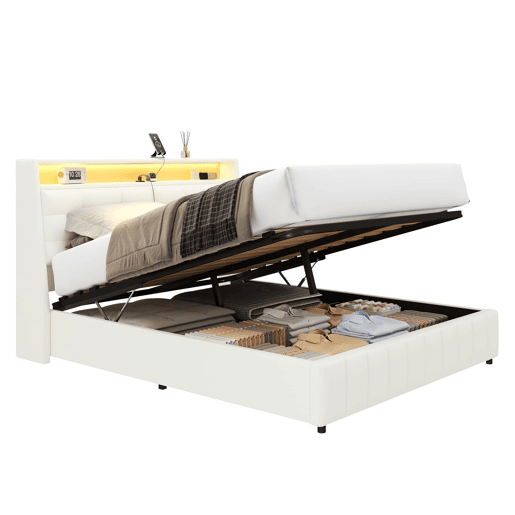Cama plataforma 160x200 - estofada, LED, USB, arrumação e cabeceiras ajustáveis - Branco