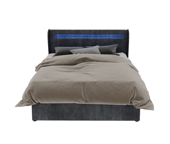 Cama tapizada 140x200 - cabecero led, base alta con almacenamiento y elevador, gris
