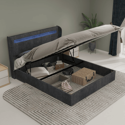 Cama estofada 140x200 - Cabeceira LED, base alta com arrumação e elevador, cinzenta