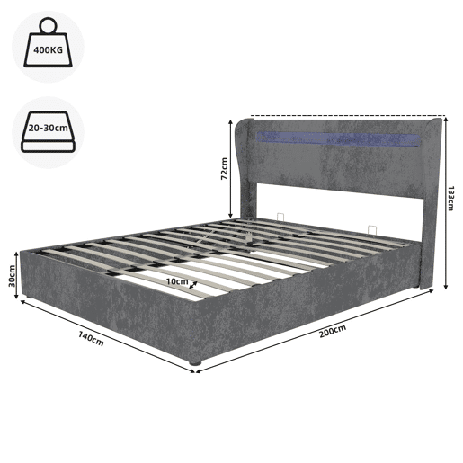 Cama estofada 140x200 - Cabeceira LED, base alta com arrumação e elevador, cinzenta