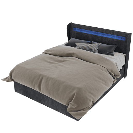 Cama estofada 140x200 - Cabeceira LED, base alta com arrumação e elevador, cinzenta