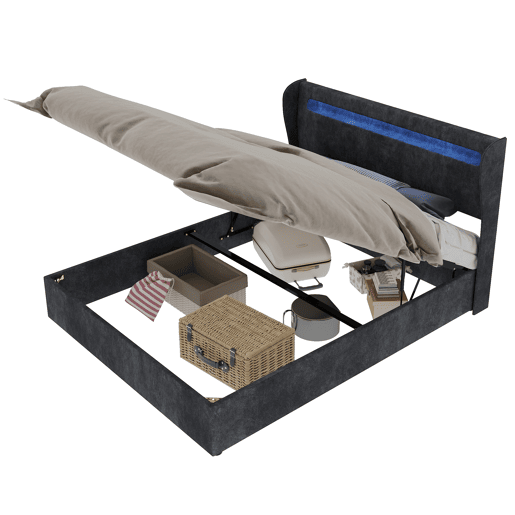 Cama estofada 140x200 - Cabeceira LED, base alta com arrumação e elevador, cinzenta