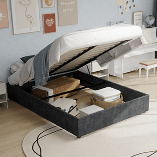 Cama minimalista moderna 160x200 - Elevador, veludo holandês - Cinza
