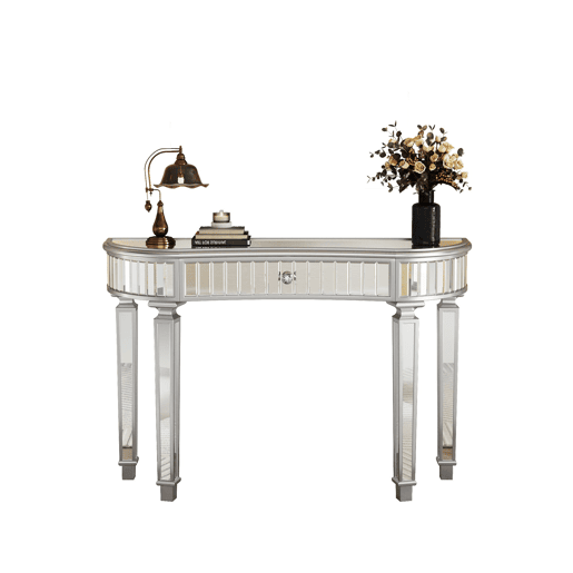 Mesa consola meia-lua 120 cm - Luxo, espelho canelado, gaveta com puxador de vidro - CinzaPrata Mesa consola meia-lua 120 cm - Luxo, espelho canelado, gaveta com puxador de vidro - CinzaPrata
