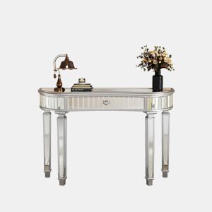 Mesa consola meia-lua 120 cm - Luxo, espelho canelado, gaveta com puxador de vidro - CinzaPrata