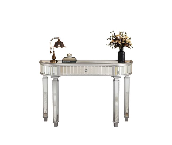 Mesa consola media luna 120cm - lujo, espejo acanalado, cajón con pomo cristal - gris/plata