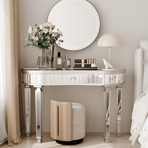 Mesa consola meia-lua 120 cm - Luxo, espelho canelado, gaveta com puxador de vidro - CinzaPrata Mesa consola meia-lua 120 cm - Luxo, espelho canelado, gaveta com puxador de vidro - CinzaPrata