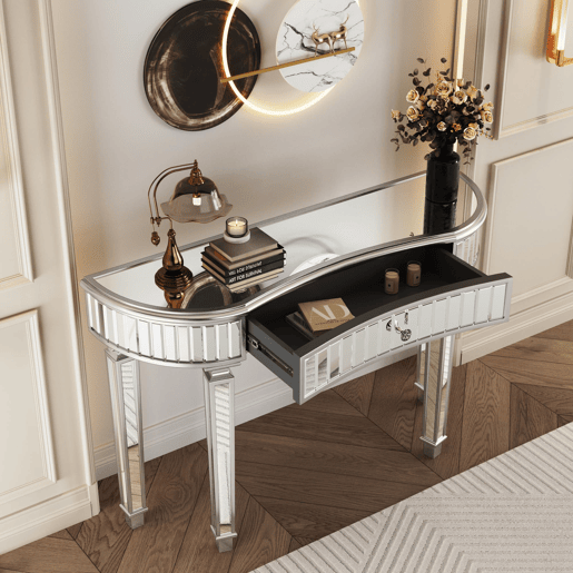 Mesa consola meia-lua 120 cm - Luxo, espelho canelado, gaveta com puxador de vidro - CinzaPrata Mesa consola meia-lua 120 cm - Luxo, espelho canelado, gaveta com puxador de vidro - CinzaPrata