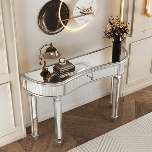 Mesa consola meia-lua 120 cm - Luxo, espelho canelado, gaveta com puxador de vidro - CinzaPrata Mesa consola meia-lua 120 cm - Luxo, espelho canelado, gaveta com puxador de vidro - CinzaPrata