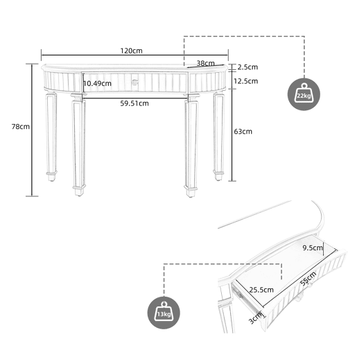 Mesa consola meia-lua 120 cm - Luxo, espelho canelado, gaveta com puxador de vidro - CinzaPrata Mesa consola meia-lua 120 cm - Luxo, espelho canelado, gaveta com puxador de vidro - CinzaPrata